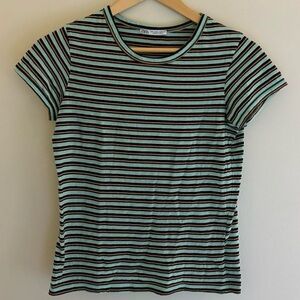 Zara Women's Aqua Blue Black Gold Striped Tee